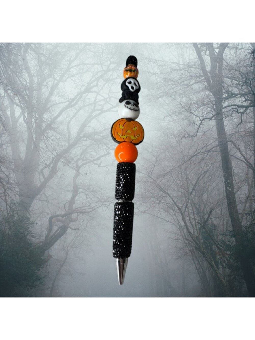 Halloween-Themed Decorative Pen With Beaded Ghost Pumpkin & Jack Skellington Det